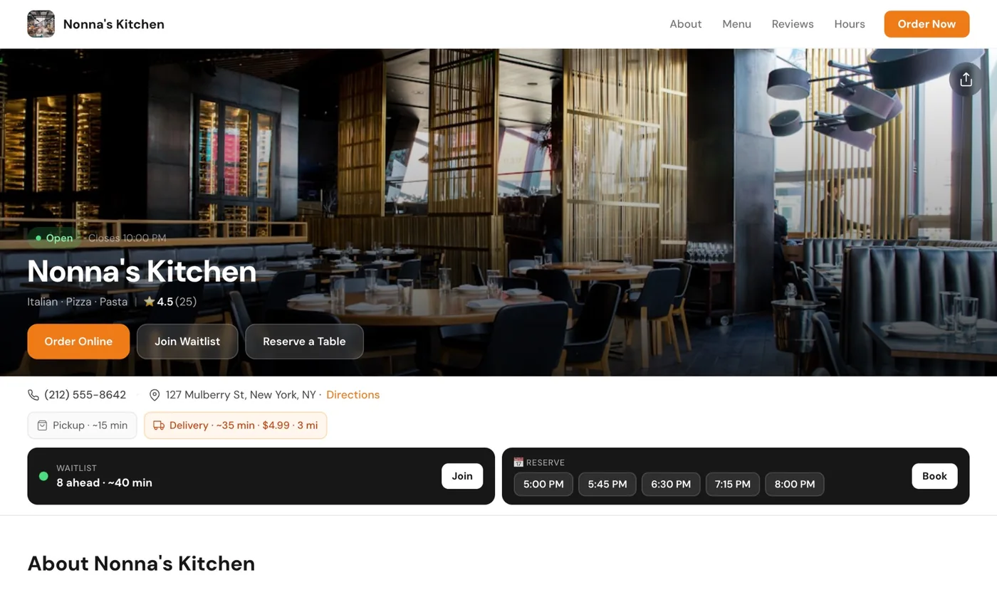 Customer view of a restaurant page on S4VOR