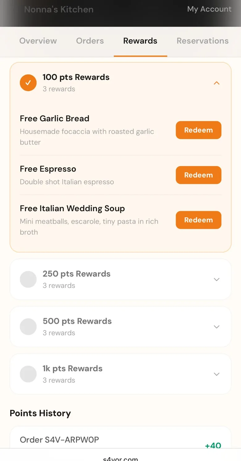 Customer rewards screen