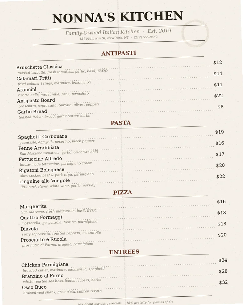 Traditional paper menu